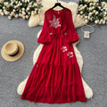 French chic embroidered sequin floral tie-waist lantern sleeve maxi dress - high-end women's fashion