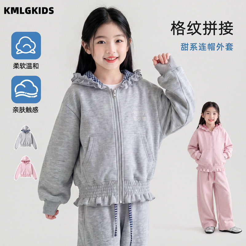 Factory wholesale kids' hooded jacket - spring/autumn girls' casual zip-up hoodie with lace trim and short cardigan top