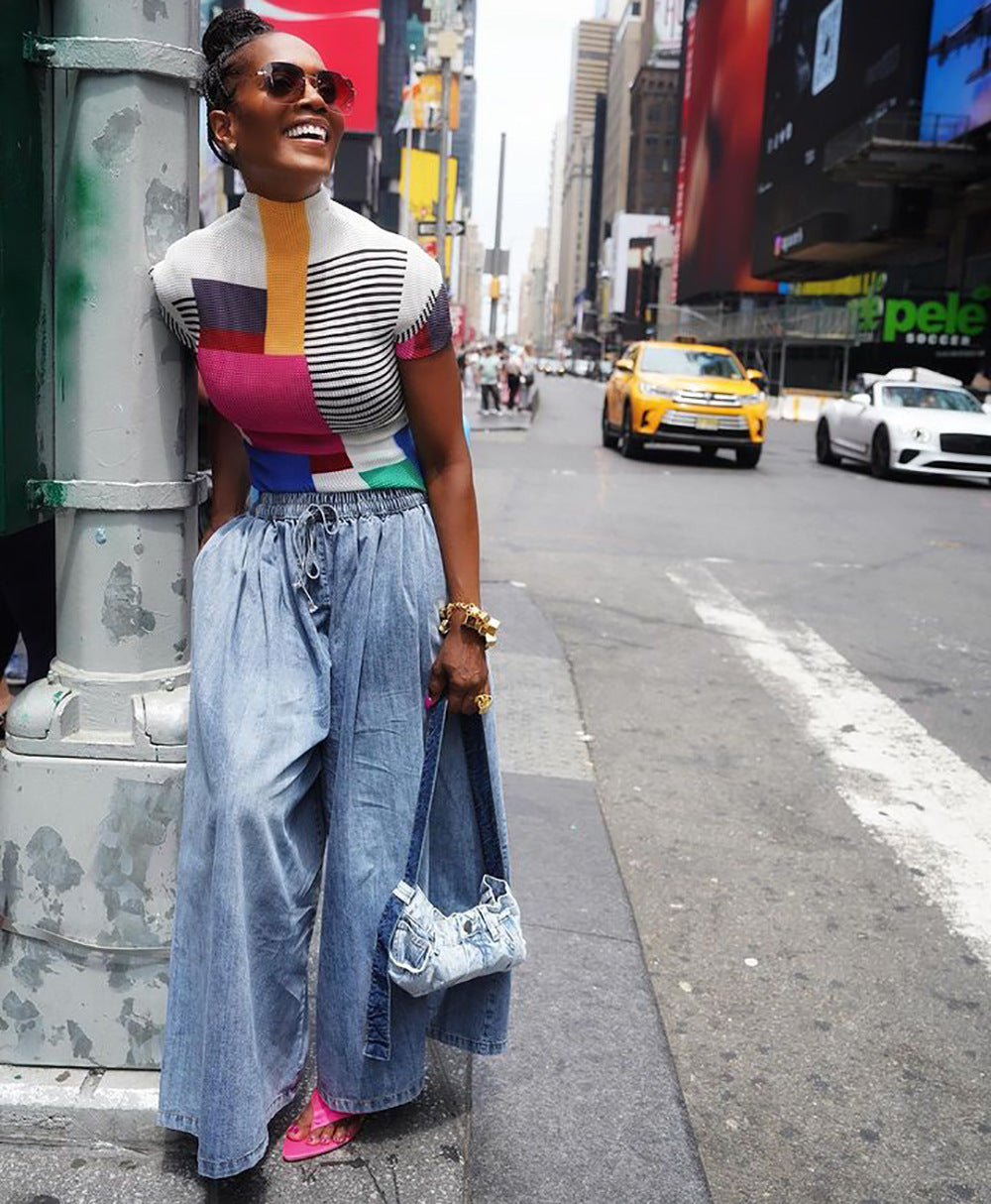 European and american cross-border women's fashion:  summer street style elastic waist drawstring high-waisted cropped wide-leg jeans