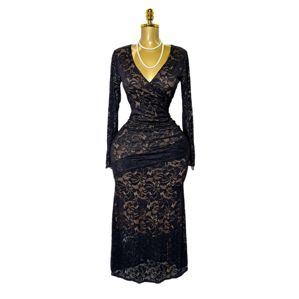 Autumn french chic sexy lace cutout v-neck long sleeve slimming fishtail maxi dress for women (export)