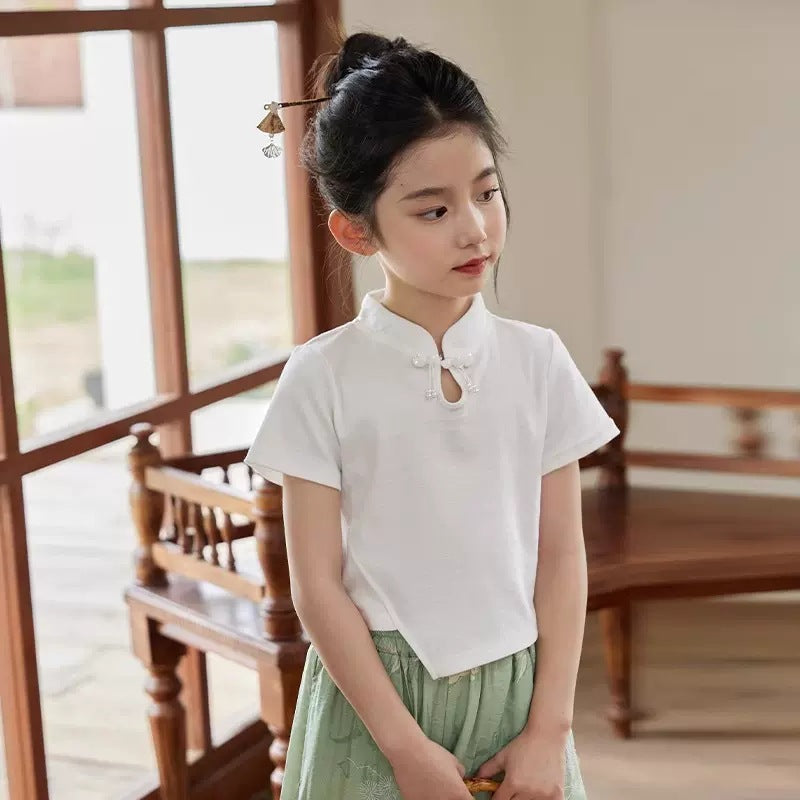 Chinese style girl new chinoiseriesummer chinese style plate button short sleeve medium large child girl national trend short sleeve comfortable breathable