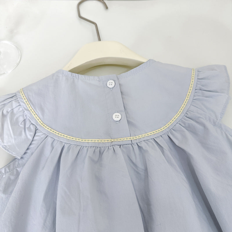 【summer clearance with free shipping】 summer girls' clothing: heavily embroidered flutter sleeve dress for baby girls, cotton fabric