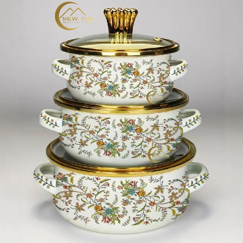 Export cross-mirror enamel small 3-piece pot set, exquisite soup pot, enamel pot, double-ear soup pot suit12cm/14cm16cm