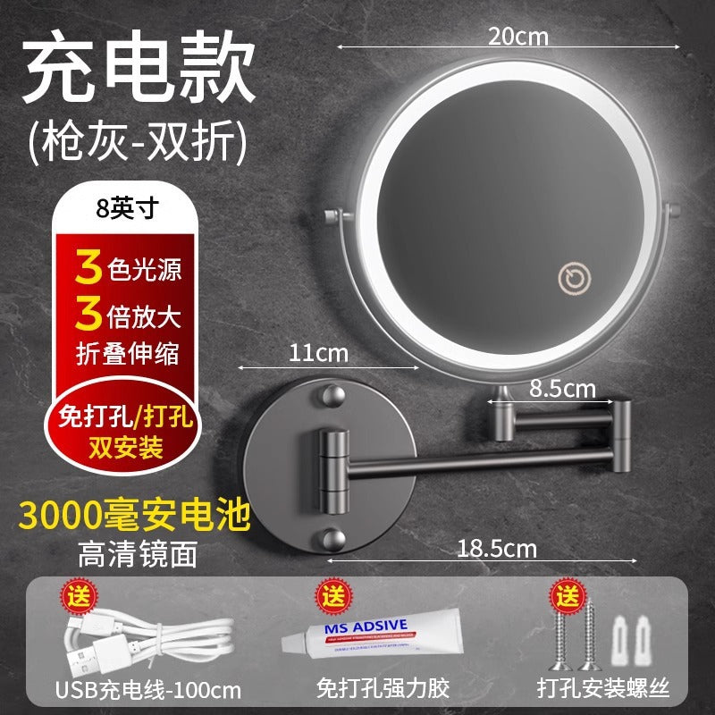 Toilet mirror folding non-punching hotel bathroom cosmetic mirror wall hanging telescopic double-sided LED beauty mirror with lamp