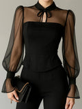 fashion  spring new arrivals: elegant women's bubble sleeve tie-neck blouse