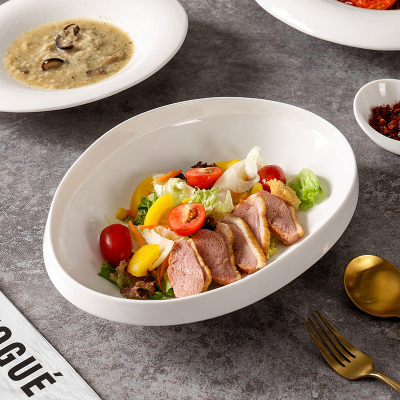 Scandinaviancasual style pure white ceramic salad bowl for home cold dish western food plate hotel business ceramic dessert pasta bowl