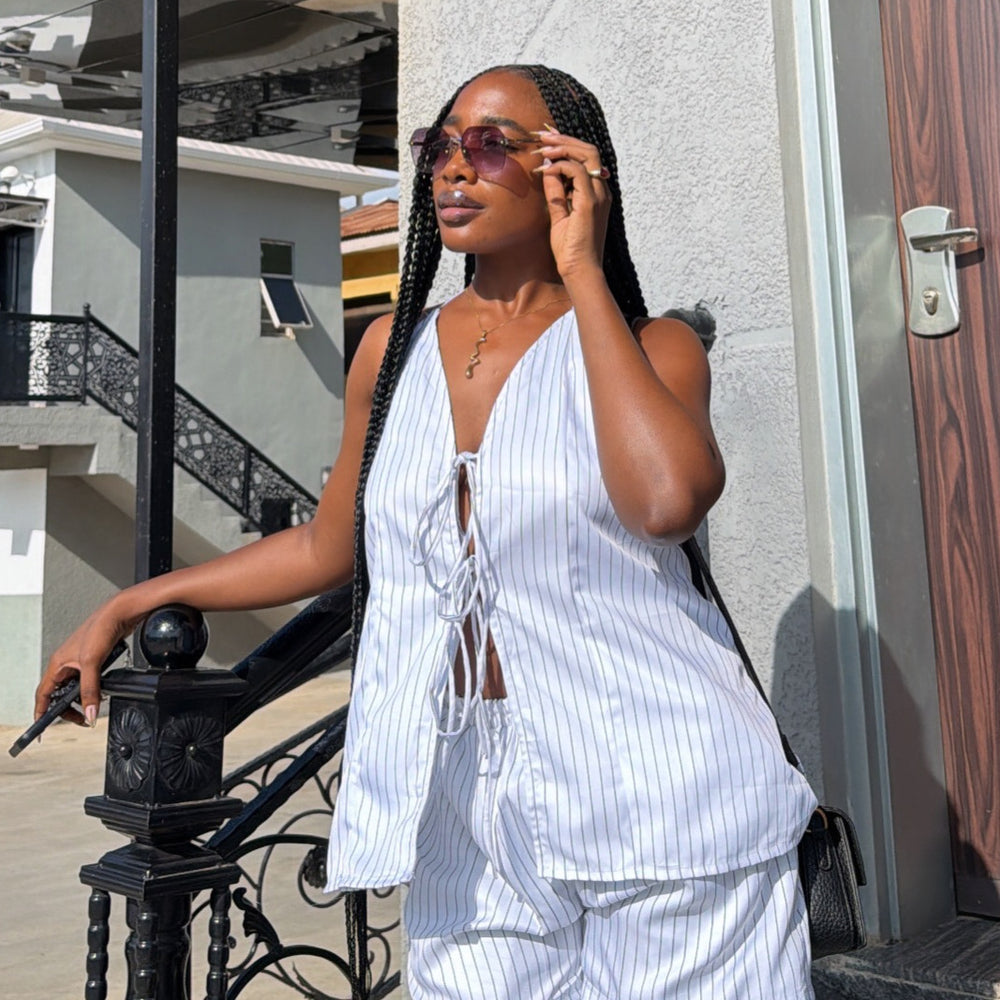 European and american cross-border women's fashion:  summer new collection - striped sleeveless halter top with v-neck tie and shorts set