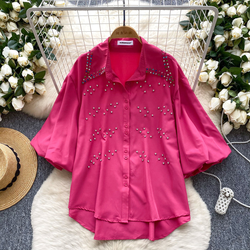 Imperial style, heavily embellished, rhinestone-adorned lantern sleeve single-breasted blouse - women's  summer loose fit, versatile, casual, european and american top