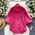 Imperial style, heavily embellished, rhinestone-adorned lantern sleeve single-breasted blouse - women's  summer loose fit, versatile, casual, european and american top