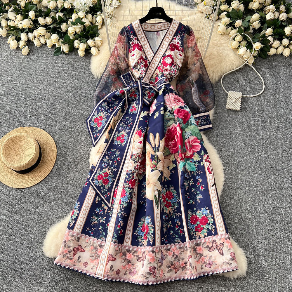 European and american court style vintage v-neck mesh lantern sleeve tie-waist design maxi printed dress