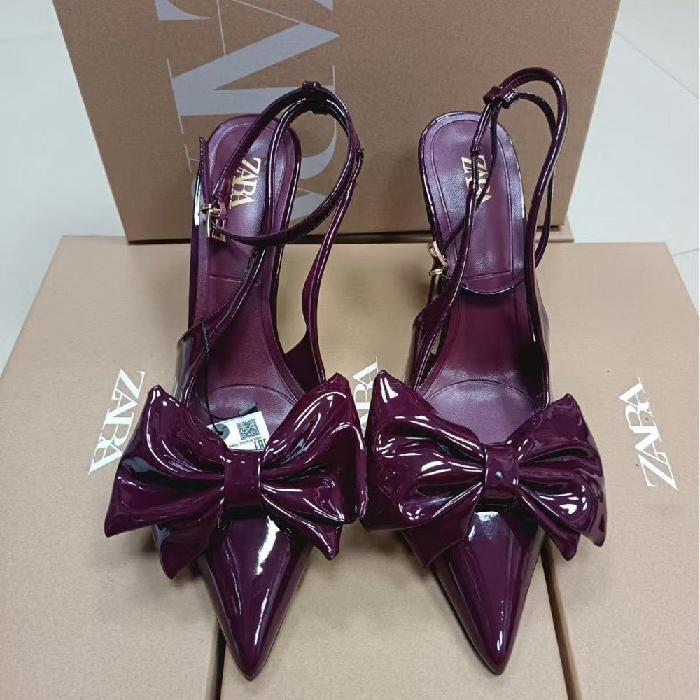 Za2024autumnew arrival red bow decorated high heels women's french pointed toe hollow back mixed strap stiletto sandals