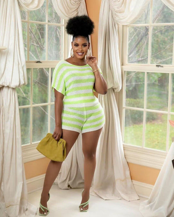 Y5242 European and American women's clothing, fashionable, popular, striped, loose short sleeves, sexy, two-piece set