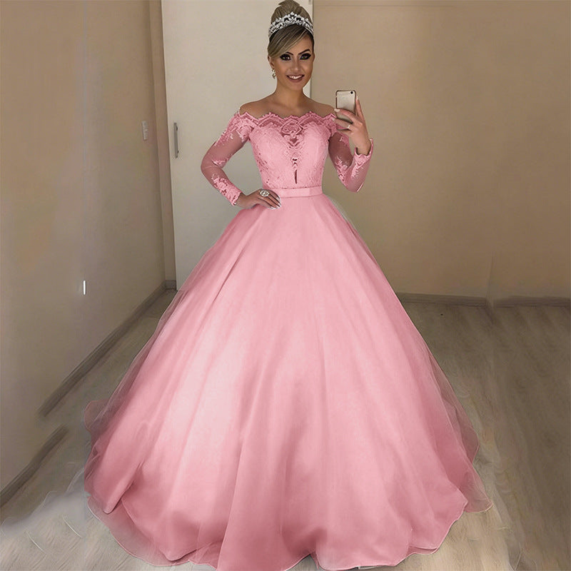 new foreign trade  fashion one-shoulder v-neck slim-fit trendy puffy train wedding dress with lace trim