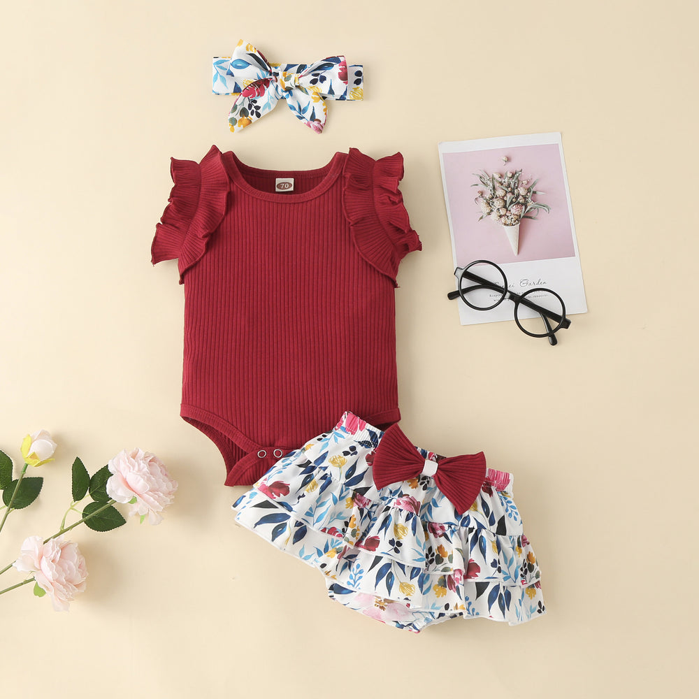 Children's summer kids khaki bag butt skirt girl vest cotton edge floral skirt bows infant short sleeve