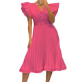 D3079 free belt  european and american foreign trade women's clothing  sexy v neck flying sleeves pressed pleated cross-border dress