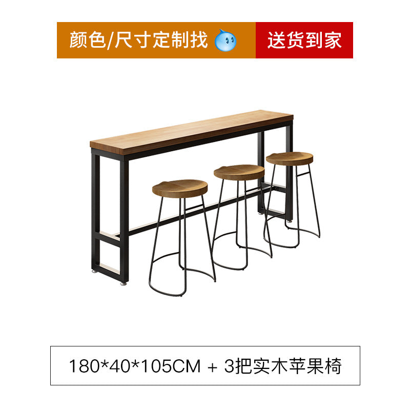 Bar table and chair combination Industrial style wrought iron solid wood bar High foot milk tea shop Cake shop Narrow table against the wall