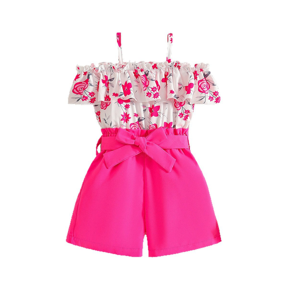 Girls' summer outfit: off-the-shoulder cami top with floral print and peach pink shorts with belt - two-piece set for export
