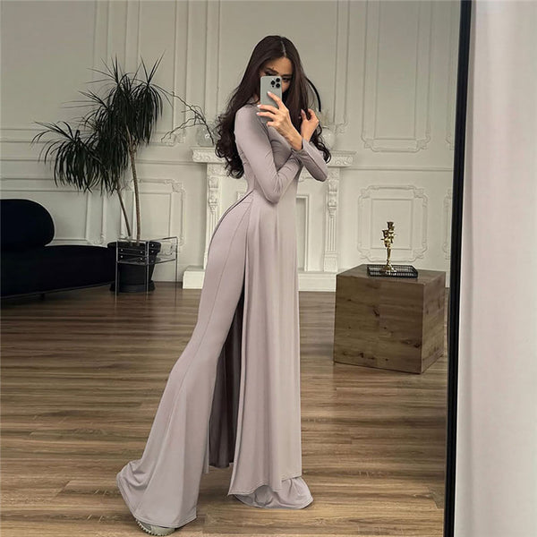 European and American style 2025 summer  new fashion solid color temperament elegant long-sleeved top flared pants set
