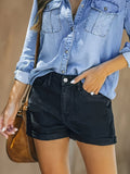 European and american style women's high-waisted denim shorts with rolled hems - stretchy, slim-fit, and versatile hot pants