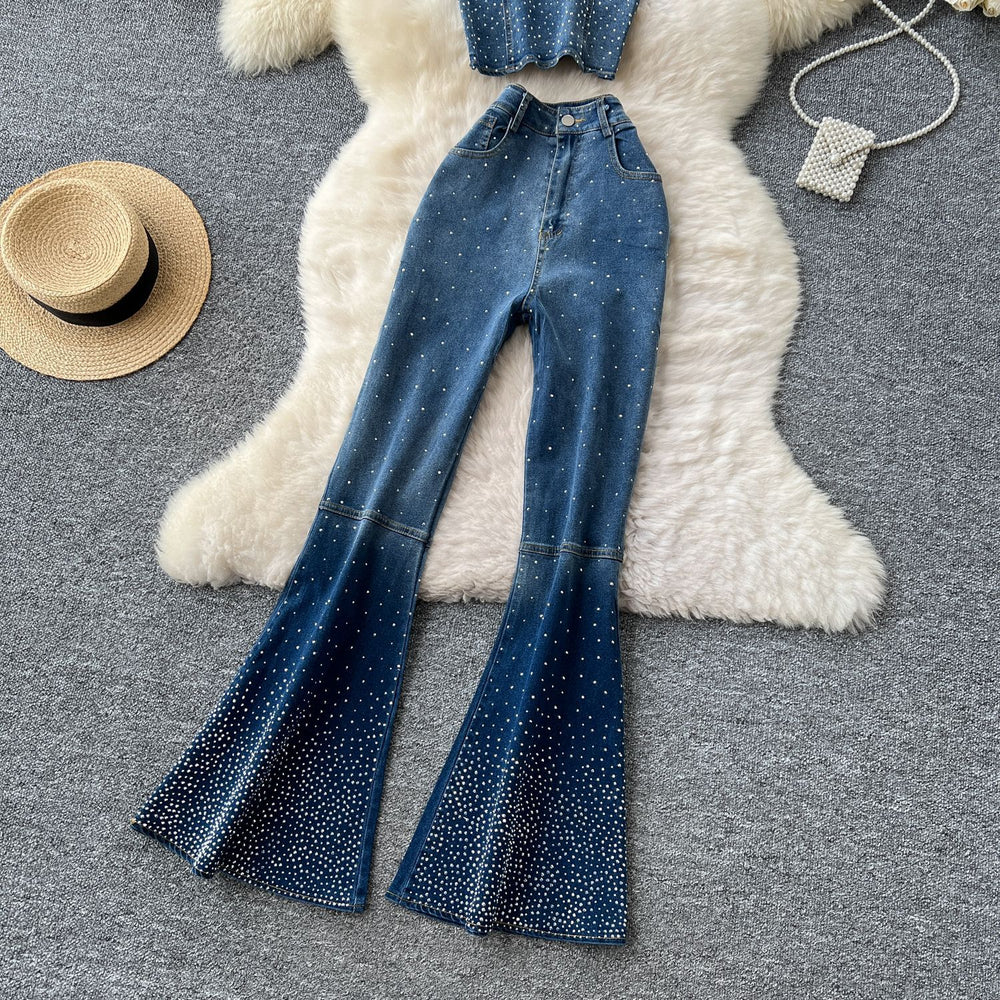 European and american cross-border fashion rhinestone denim set for women - summer sleeveless bandeau top + high-waisted flare denim pants