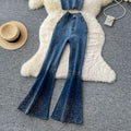 European and american cross-border fashion rhinestone denim set for women - summer sleeveless bandeau top + high-waisted flare denim pants