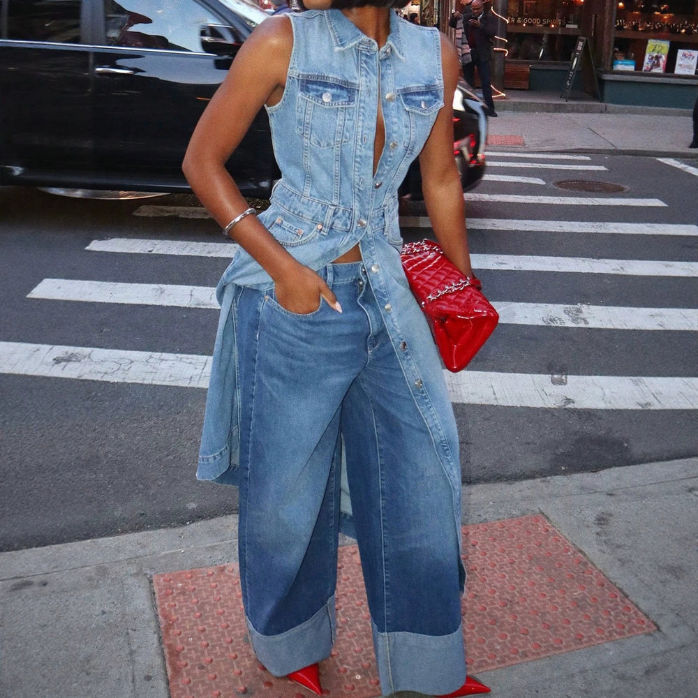 European and american style women's rolled hem wide leg jeans - high waist, drapey, vintage washed denim pants