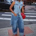 European and american style women's rolled hem wide leg jeans - high waist, drapey, vintage washed denim pants