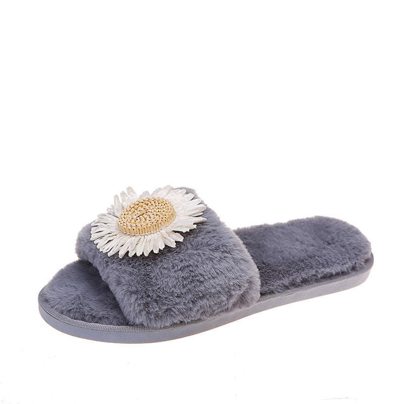 2024new arrival women's large size fur slippers fall and winter flip-flops flat heel open toe popular sunflower heattech floor slippers