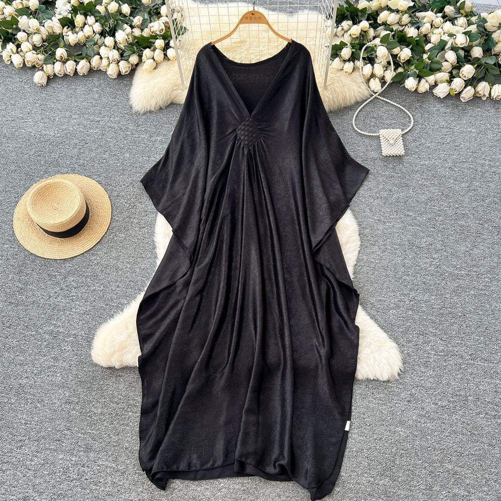 European and american fashion deep v-neck batwing sleeve dress - women's  summer loose fit, slimming, oversized, flattering, and long dress