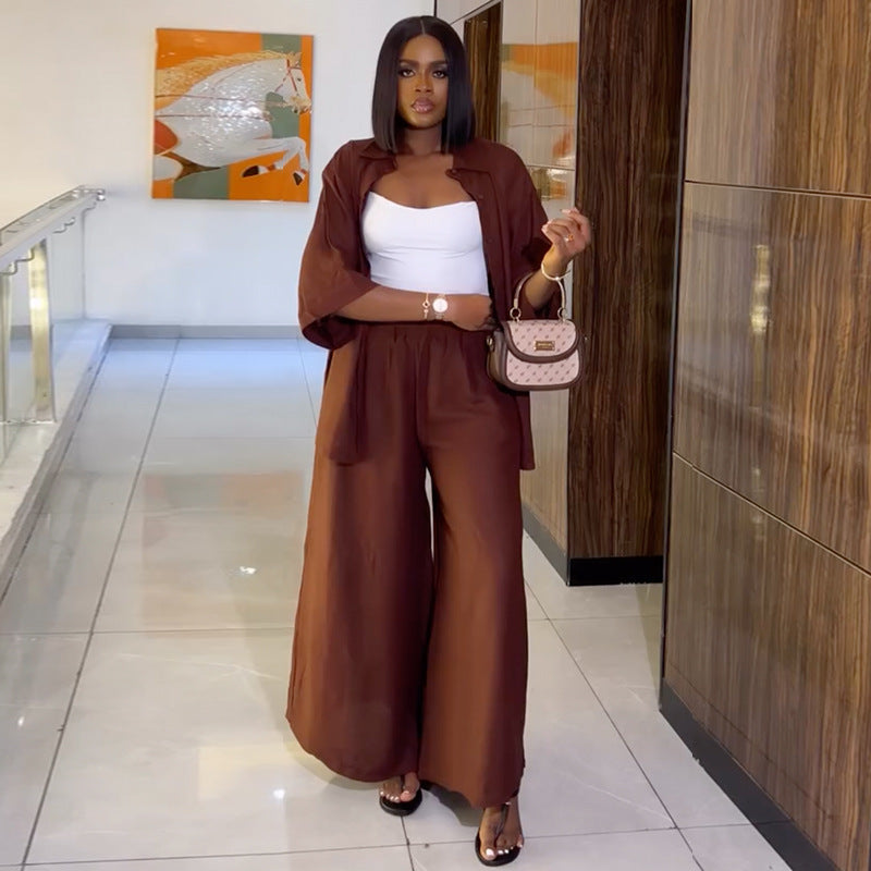 European and american cross-border women's fashion:  autumn new collection - solid color, loose fit, three-quarter sleeve blouse and wide-leg pants set