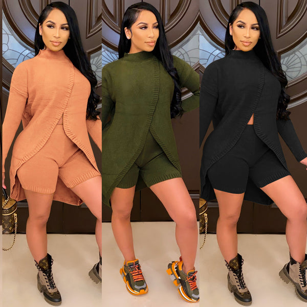 VK2062 European and American high round neck split fork medium and long top, shorts sweater two-piece set
