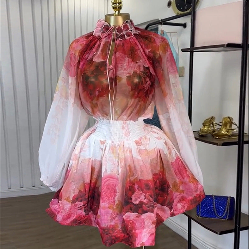 European and american cross-border women's fashion  autumn new collection: elegant oil painting floral print puff sleeve blouse and high-waisted midi skirt set