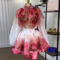 European and american cross-border women's fashion  autumn new collection: elegant oil painting floral print puff sleeve blouse and high-waisted midi skirt set