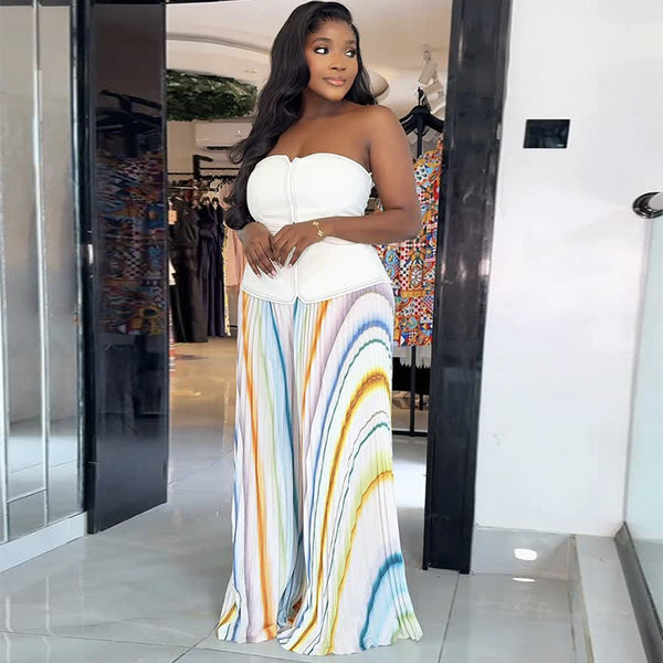 European and American  women's clothing 2025 autumn new fashionable and sexy tube top and thin splicing printed wide-leg pants set