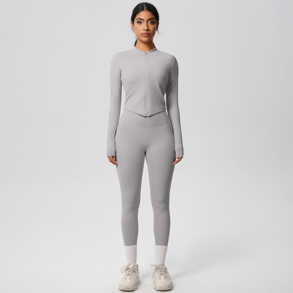 European and american quick-dry seamless zip-up workout set: high-waisted, butt-lifting yoga pants for women, perfect for outdoor running and fitness