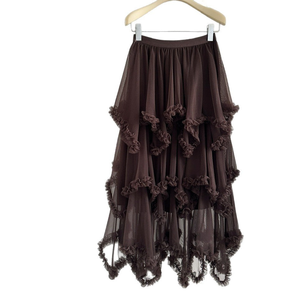 export elastic waist mesh ruffle asymmetrical tiered cake skirt midi high waist a-line midi skirt
