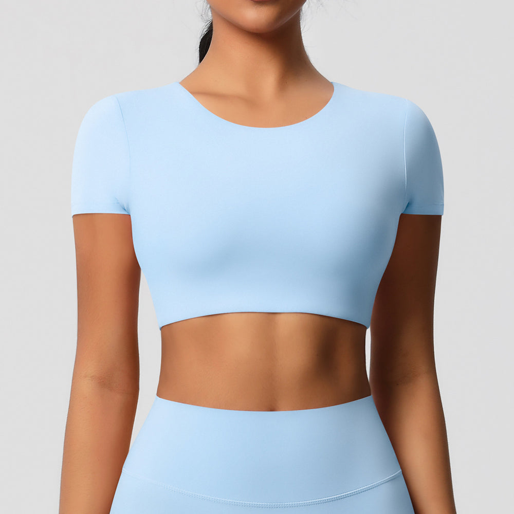 Ready-to-ship, cross-border, double-sided brushed, built-in bra, form-fitting, short-sleeve yoga top, pilates, running, and workout t-shirt for women