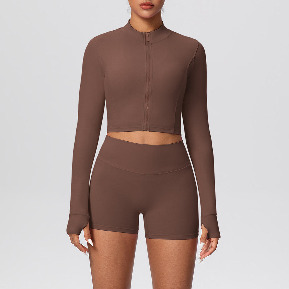 Ready-to-ship cross-border solid color double-sided brushed naked feel cropped jacket set - tight-fitting running, fitness, and yoga two-piece outfit
