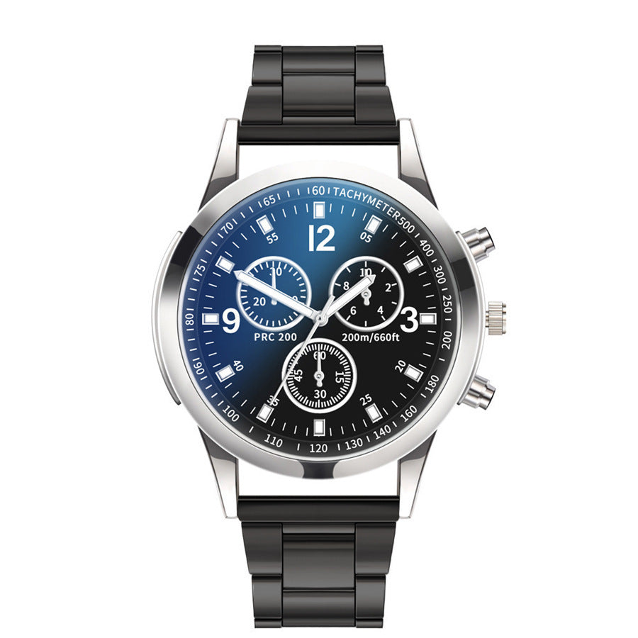 Factory direct iridescent blue light glass three-eye stainless steel watch - men's quartz watch, gift, cross-border watch for men