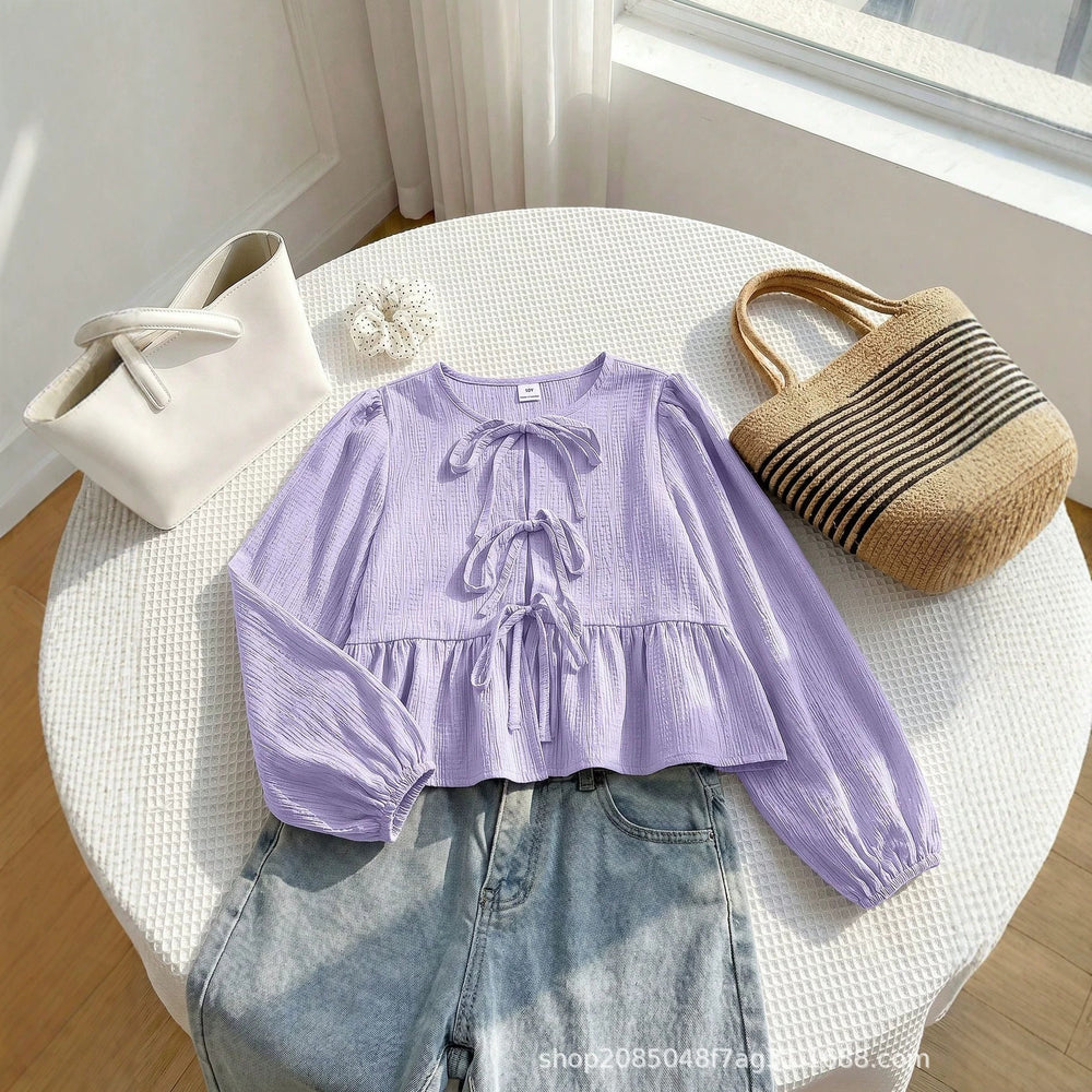 european and american women's clothing, new trendy, fashionable, sweet, casual, tie-up, round neck, puff sleeve, long-sleeved shirt