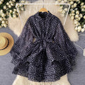 European and american style high-end printed lantern sleeve dress - women's summer tie-waist polo collar design elegant tiered dress
