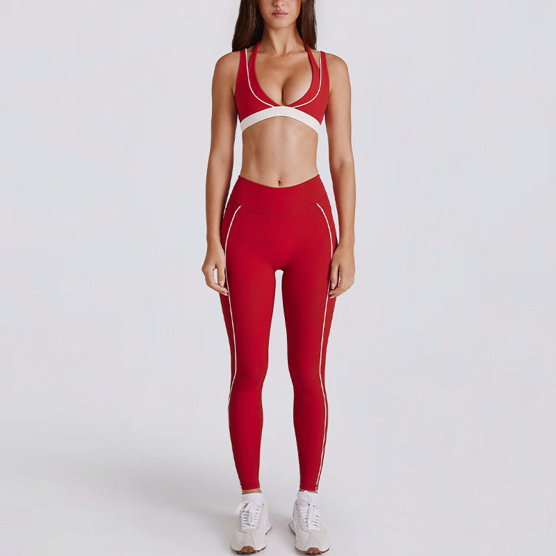 fake two-piececontrast color white striped running fitness shorts v neckhalter sports intimates bra yoga suit