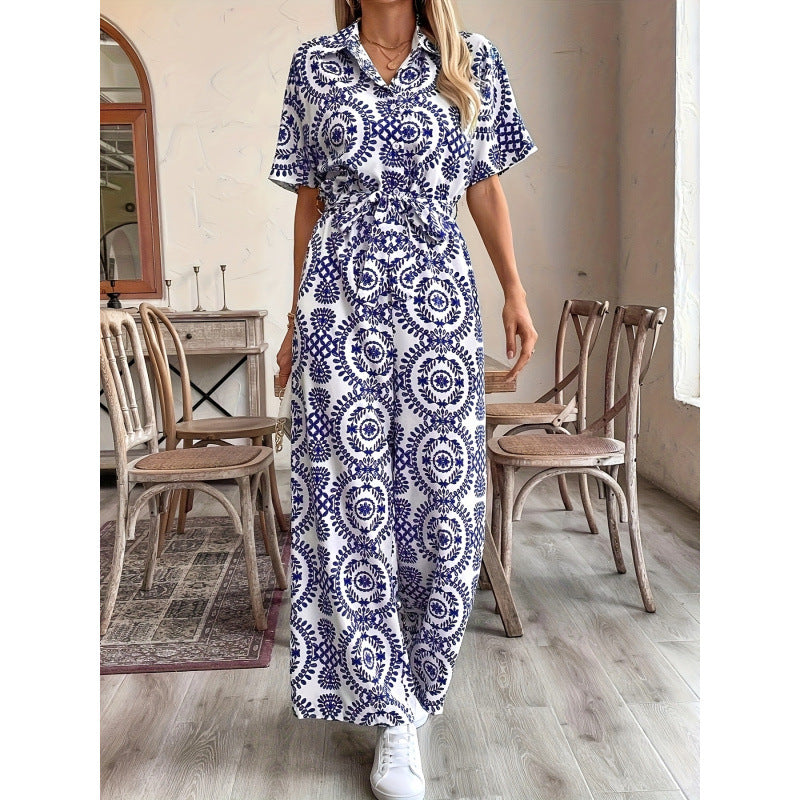 code new arrival  original women's elegance ethnic style lapel printing short-sleeved jumpsuit