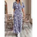code new arrival  original women's elegance ethnic style lapel printing short-sleeved jumpsuit