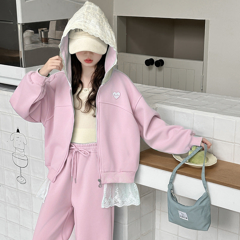 Girls' outfit set -  autumn new arrival - stylish and casual lace hooded jacket & wide-leg pants tracksuit two-piece set (big kids)