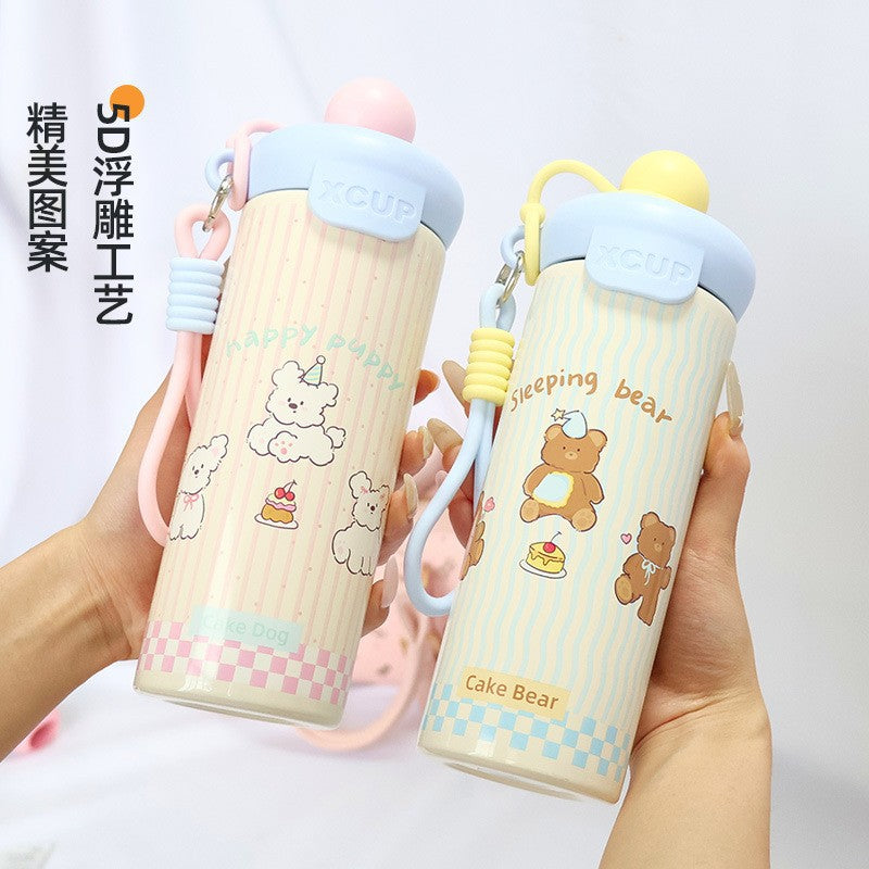 New 316 stainless steel cute cartoon cup - student outdoor portable sippy cup with carry strap and cute animal float