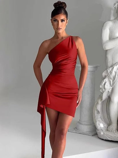 one shoulder shirred slit sexysatindressfashionsummerelegant silm