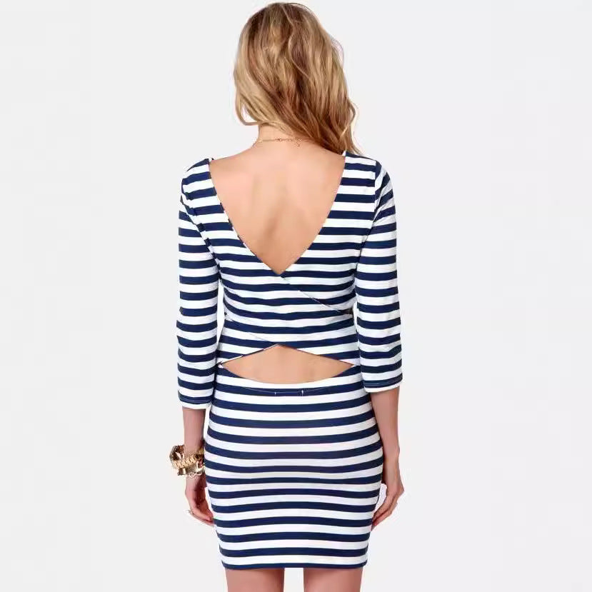 European and american cross-border e-commerce   new sexy fashion round neck backless striped women's long sleeve dress