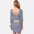 European and american cross-border e-commerce   new sexy fashion round neck backless striped women's long sleeve dress