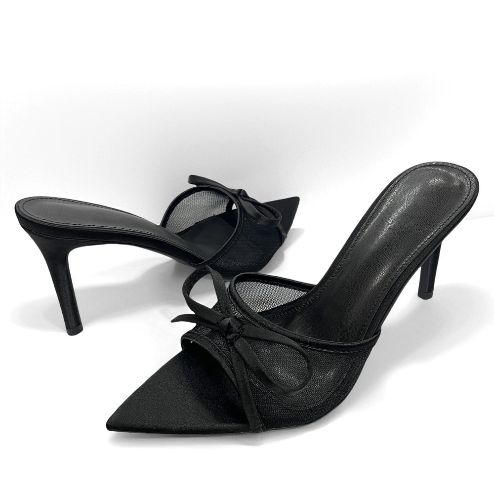 2026 summer breathable open-toe pointed-toe mules women's shoes sweet bow sandals european and american style elegant mesh high heels